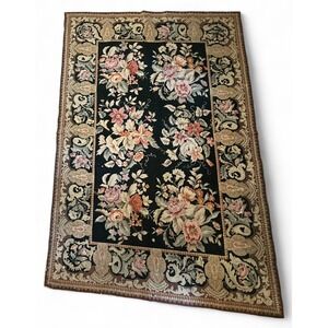 Vintage French Aubusson Rug Black Tan Floral Roses Needlepoint Tapestry 46x70